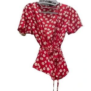 One Size Red Floral Faux Wrap Blouse